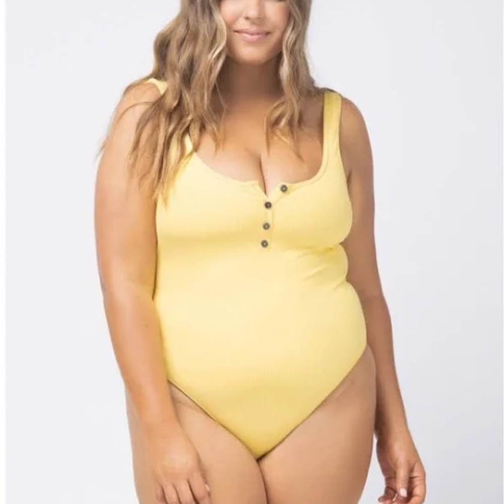 LSPACE Float On Henley Yellow One Piece Button Ribbed Swimsuit size Large - Picture 2 of 6
